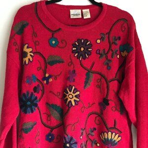 Innovation Sport Red Floral Hand Embroidered Cotton Tunic Sweater Size M